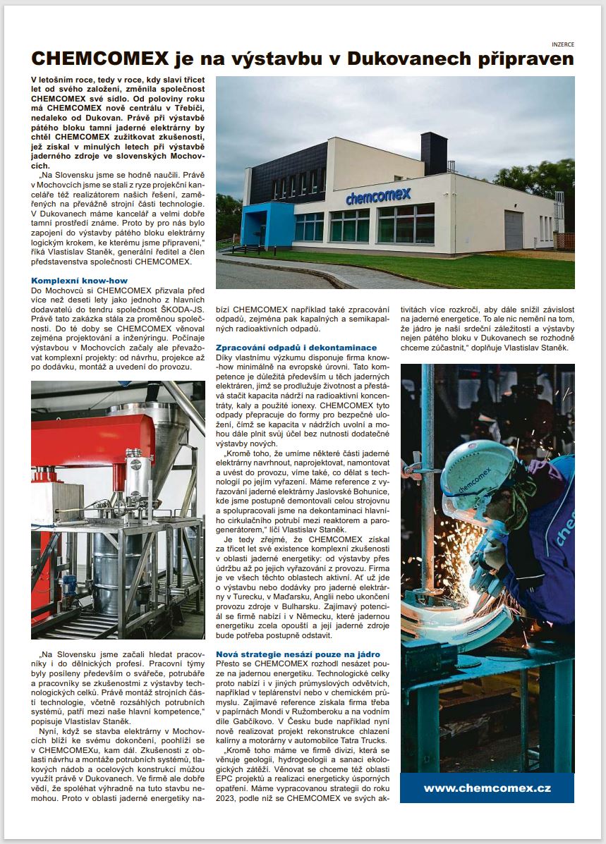 Chemcomex je na výstavbu v Dukovanech připraven